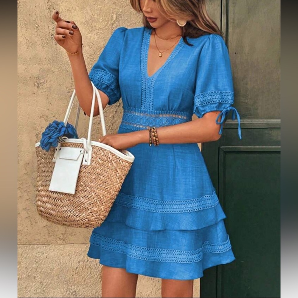 Elegant Baby Blue Lace Trim Dress - Picture 8 of 16